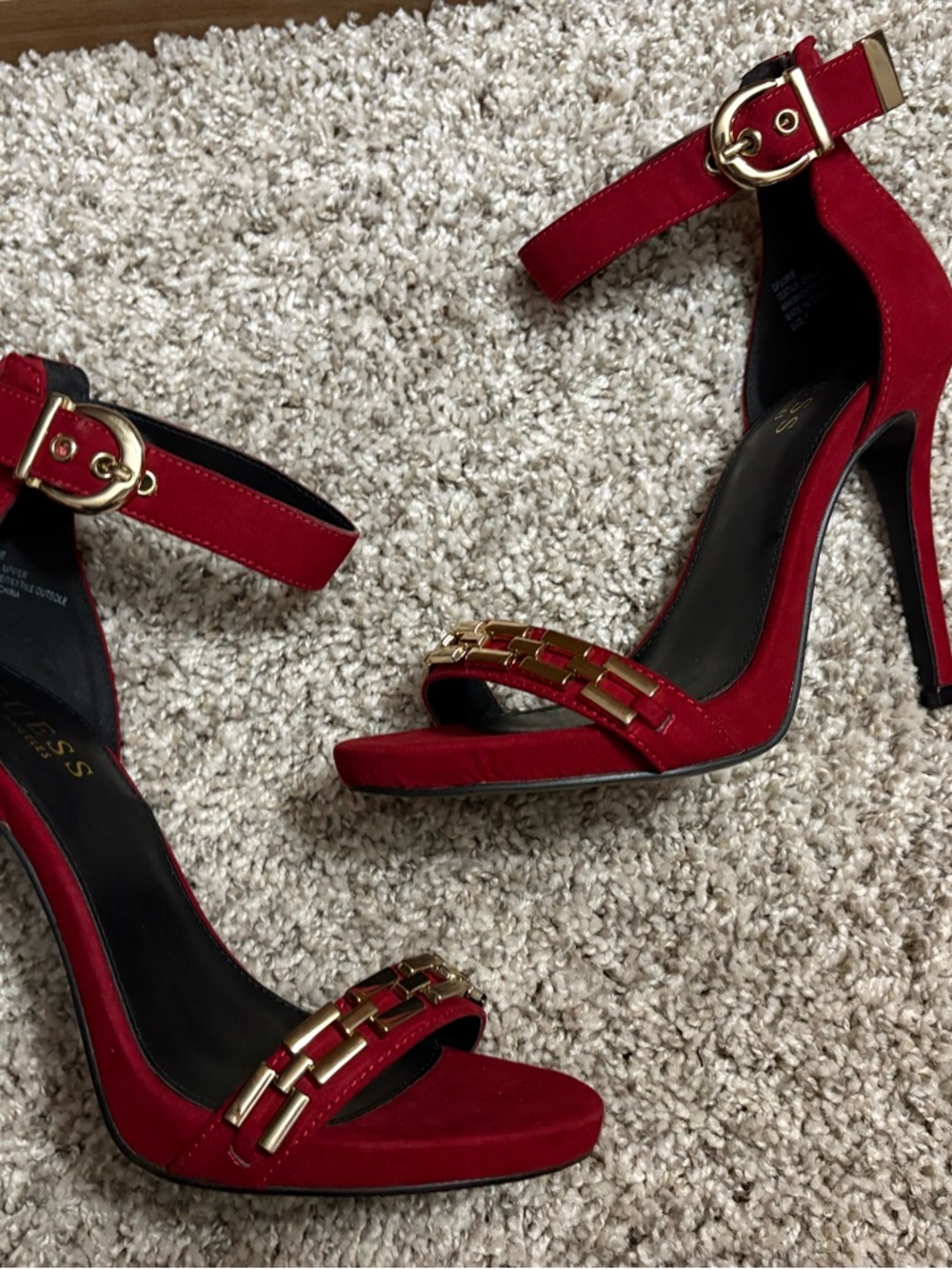 Guess Red Suede High Heel Sandals with Gold Chain Accent